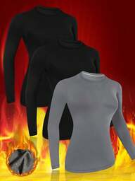 3pcs/Set Fleece Lined Crew Neck Long Sleeve Women Tops, Casual Fitted Undershirt/Outerwear, Suitable For Yoga, Sports, Daily Wear, Autumn/Winter