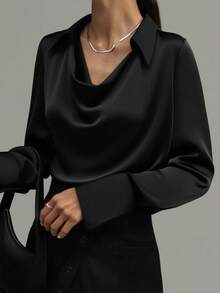 经典纽扣细节修身长袖高领女式衬衫，适合秋季、商务休闲、复古、办公等场合。 - 黑色 - 查看 8