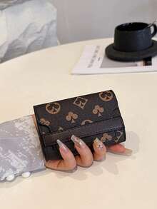 New Women's Brown PU Random Print Pattern Compact Accordion Card Holder Multi-Card Slots Fashion Versatile Anti-Scan Card Organizer Pouch Flip Cover Retro Lightweight Clutch For Women Money Wallet Mini Wallet Purse Wallet Fall Autumn Card Wallet - Brown - View 5