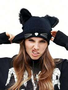 1件装 女士猫咪针织帽 带耳朵 黑色猫咪针织帽 冬季可爱Y2K猫耳朵针织帽 适合女孩、成人和儿童 - 紅色 - 查看 3