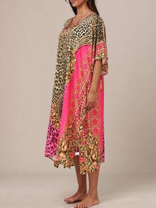 Women's Kaftan Dresses, Colorful Print Mrs Roper Caftan, Bathing Suit Cover Ups Beach Dresses  Leopard Print    Split    Vacation - 彩色 - 查看 4