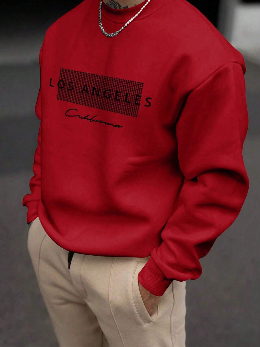 Men's Letter Graphic Crew Neck Loose Fit Casual Sweatshirt, Spring/Autumn, Long Sleeve Top - Red - View 1