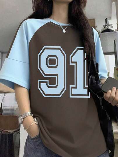 少女街头服饰数字图案 T 恤，拼色短袖 T 恤，适合学校/运动