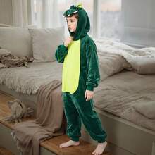 Pijama Entero de Dinossauro de Pelúcia com Capuz, Padrão Verde para Meninos e Meninas, 3 - 12 Anos, Ideal para Roleplay de Natal e Halloween, Roupas Quentes de Casa para Inverno, Presente Perfeito - Verde - Ver 4