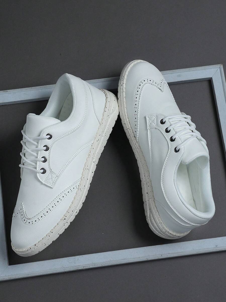 加大码男士布洛克风格休闲运动鞋，系带软底平底舒适学院运动鞋，男士轻便低帮日常鞋 - 白色 - 查看 1