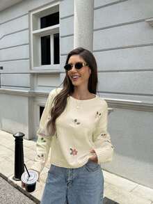 Áo len dệt kim tay dài cổ tròn thêu hoa mới mùa Xuân & Thu cho nữ, kiểu dáng rộng rãi, thích hợp cho năm mới. - ngọc trai trắng - Xem 2