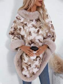 Fashion - Forward Poncho With Plush Trim For Winter Gatherings - Beige - View 1
