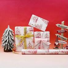 1 Roll Christmas Tree Gift Wrapping Paper - Pink & Gold Holiday Wrapping Paper, 118.11 Inches Long - Decorative Festive Paper, Suitable For Gifts, Premium Christmas Tree Pattern Design, No Accessories, Paper Material