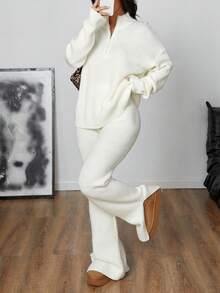 Fall/Winter Women's Casual Cute 2 Pieces Sets Streetwear Y2K Clothes Solid Color Half-Zip Ribbed Knitted Sweater Loungewear Top Pullover Long Sleeves Knitted Pants Cozy Homecoming All White Fall Winter Outfits Clothes For Women Loune Matching Set Country Concert Date Night Outfits