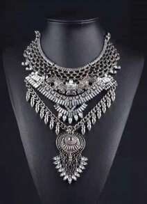 Collar de declaración boho con monedas y borlas gruesas plateado para mujeres - Rojo y blanco - Ver 6