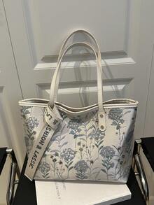 时尚复古花卉刺绣大容量字母围巾装饰便携式手提包，涤纶材质单隔层手提包，适合女性购物、通勤、旅行和日常使用 - 彩色 - 查看 8