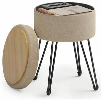 SONGMICS - Taburete de tocador, pequeño Taburete otomano con Almacenamiento, Silla de tocador, 39 de diámetro x 17.4 Pulgadas, 4 Patas de Metal, para Sala de Maquillaje, Sala de Estar, Dormitorio