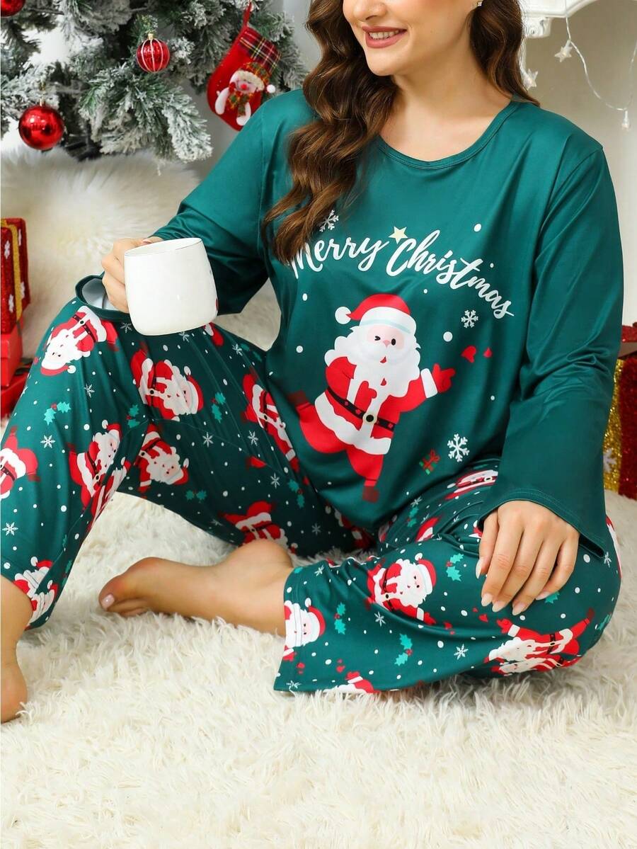 2pcs Plus Size Women Christmas Comfortable Pajama Set - Santa Claus & Snowflake Print, Long Sleeve Top With Elastic Waist Pants, Fall Winter Clothes