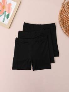 Set de 3 shorts básicos de unicolor de para niñas, leggings casuales para niñas pequeñas, esencial para todas las temporadas - Negro - Ver 2