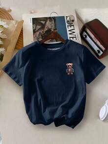 Young Boy Bear Printed Round Neck T-Shirt For Kids - Navy Blue - View 2