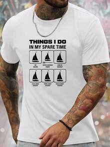 1pc Men'S Summer Casual Short Sleeve T-Shirt, Cotton Knit With Sailing Print, Round Neck, Regular Fit, Stretch Fabric, Adult Sizes - 白色 - 查看 1