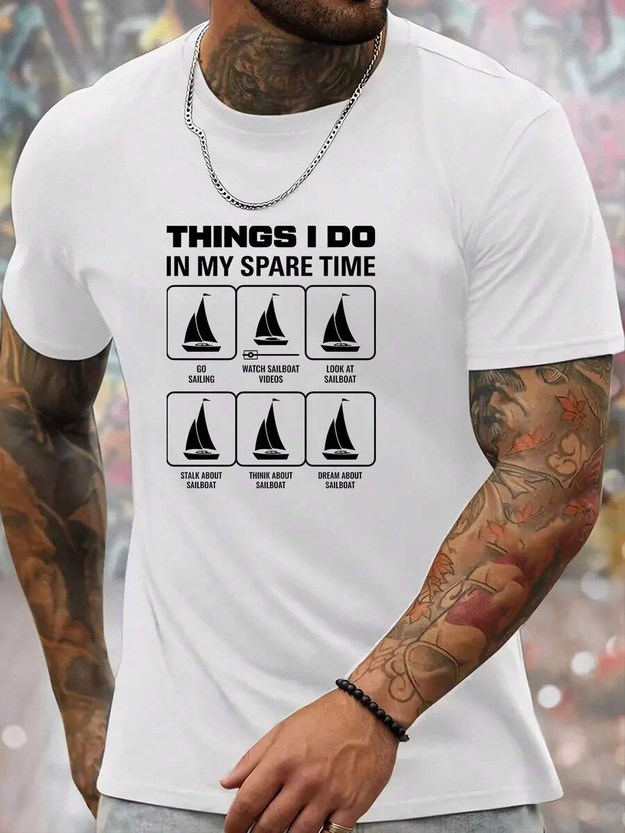 1pc Men'S Summer Casual Short Sleeve T-Shirt, Cotton Knit With Sailing Print, Round Neck, Regular Fit, Stretch Fabric, Adult Sizes - 白色 - 查看 1
