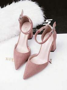 Tacones de mujer elegantes y retro vacuno con punta afilada: Sandalias de tacón grueso versátiles con cinta simple y hebilla cuadrada en tobillo, ideales para fiestas casuales con suela gruesa. Combina perfectamente con vestidos de fiesta y vestidos, aptos para trabajo, citas, bodas, Navidad, fiestas y graduaciones - Rosa - Ver 4