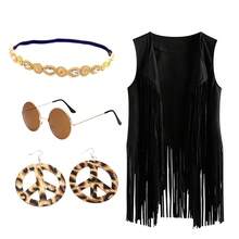 Retro 60s Hippie Party Outfit, Solid Color Fringe Vest, Glasses, Necklace, Earrings, Fun Cosplay Medieval Renaissance Masquerade Ball Christmas Halloween Party Magic Costume Prop, New Vintage Casual