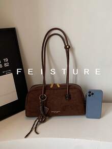 1 pieza Bolso de mujer de un solo hombro de tela retro, con colgante, cierre de cremallera, adecuado para salidas diarias, citas, ir al trabajo - Café - Ver 7