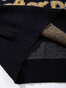 男女皆宜的休闲宽松字母提花圆领长袖套头毛衣，秋冬季百搭时尚针织上衣 - 黑色 - 查看 9