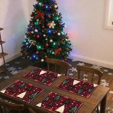 1set/4pcs/6pcs Christmas Retro Christmas Tree Pattern Placemats, Machine-Washable Rectangular Polyester Placemats, Table Protectors, Heat-Insulating Placemats, Restaurant Table Decorations, Party Supplies, Christmas Decorations, Can Be Given As Gifts