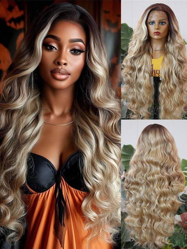 Halloween Costume Wig Synthetic Heat Resistant Front Lace Wig 13*4 Long Wave Hair 30 Inch Brown Everyday Use High Quality Ladies Wigs Natural Looking High Quality Synthetic Soft Beginner Friendly Wigs