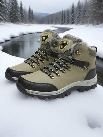Botas de caminhada para casais, calçados esportivos quentes de cano alto para homens/mulheres, outono/inverno, botas de neve de couro sintético resistentes à água, botas de trekking, calçados de caminhada para acampamento ao ar livre, antiderrapantes e duráveis, preto/cinza/verde, botas de neve com cadarço, tamanhos 36-48