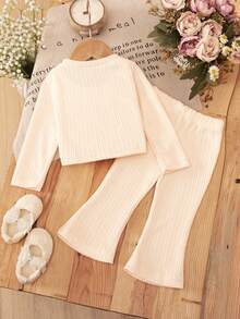 Conjunto de niña con tela de punto texturizada transparente con flores 3D en unicolor lindo - Albaricoque - Ver 2