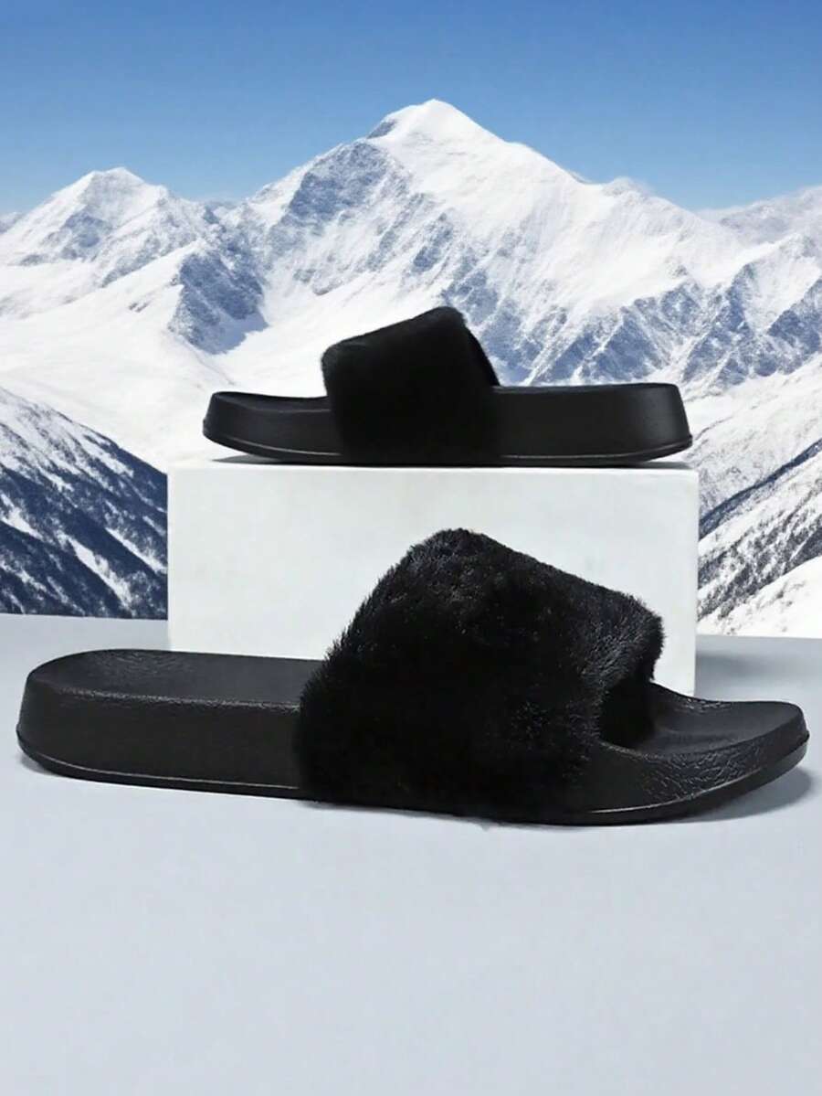 Unisex Casual Fluffy Slippers For Teens And Adults, Fashionable Fuzzy Slides For Outdoor, Campus, And Indoor Home Use, Warm And Comfortable, Slip-On Design (Some Uneven Or Uneven Fur, Edge Shedding May Occur But Does Not Affect The Overall Look)