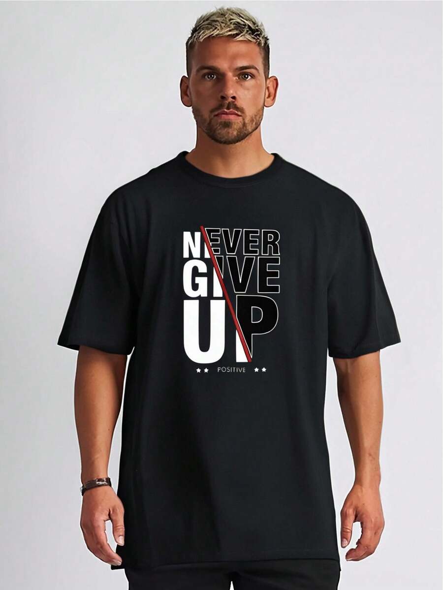 sommer t shirt herren tshirt mit "Positive"-Monogramm-Print – Lässiges Grafikdesign, Kurzarm, bequemes Baumwoll-Top für den Sommer, vielseitig einsetzbar, für Erwachsene, Männer, Teenager, Jugendliche und junge Erwachsene - Preto - Ver 1