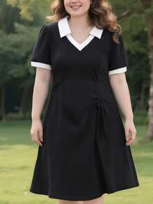 Vestido con cuello de solapa y cintura de estilo francés para una silueta estilizada. Elegante falda con tejido de primera calidad y textura sofisticada Vestidos cortos de mujer - Negro - Ver 2