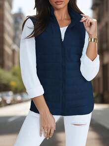 女拉鍊口袋絎縫背心，輕便休閒戶外背心，時尚過渡背心，適合日常造型，春秋季舒適外套，衣櫥必備單品，時尚都市背心 - 藏蓝色 - 查看 3