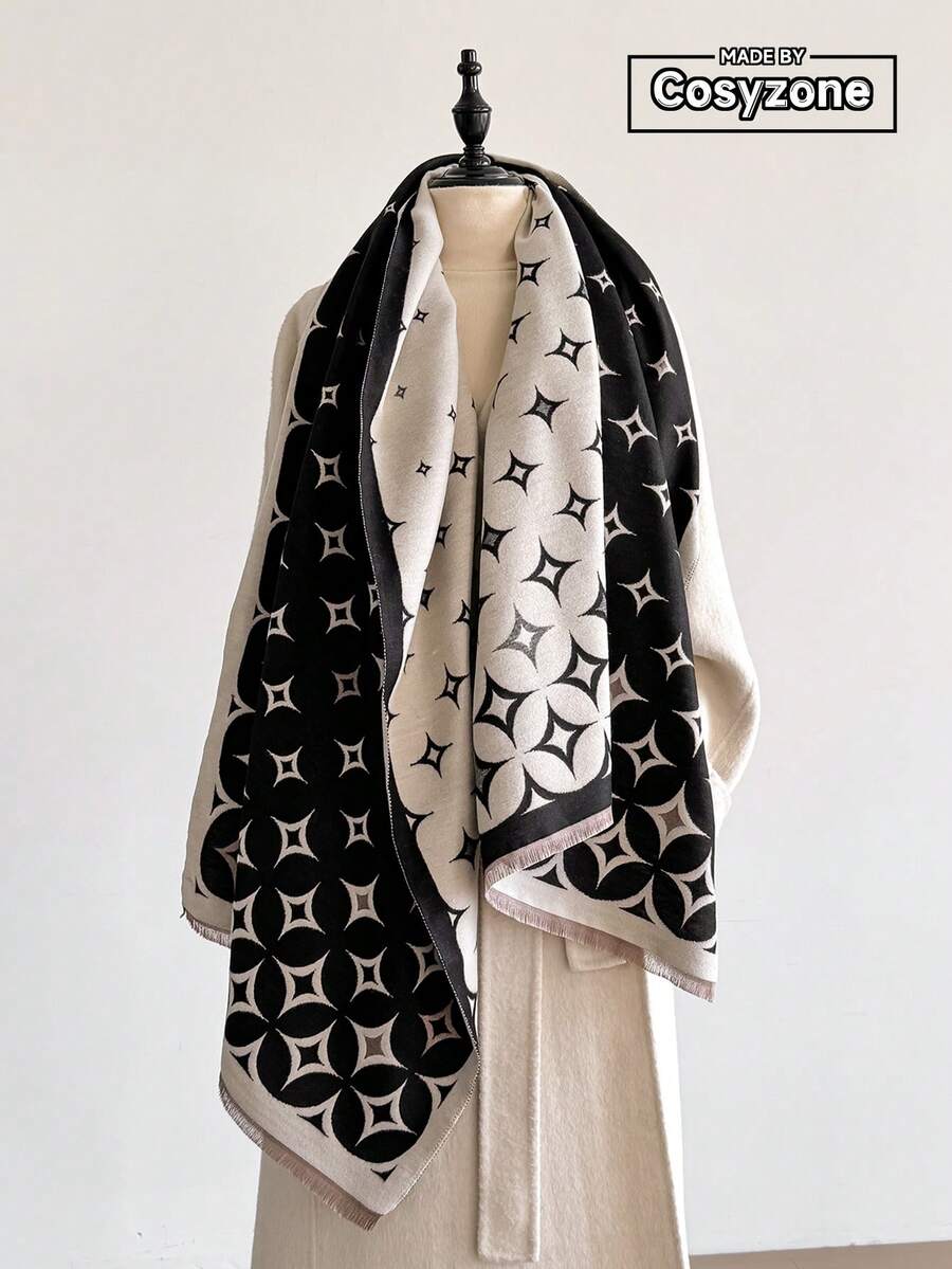 1 chiếc khăn choàng cổ Jacquard họa tiết ngôi sao giả Cashmere tối giản thanh lịch, ấm áp, thích hợp cho phụ nữ, phòng có máy lạnh, mùa thu/đông, thời trang, đa năng, khăn choàng cổ, du lịch, khăn choàng trang trí, quà tặng cho trang phục - màu đen - Xem 1