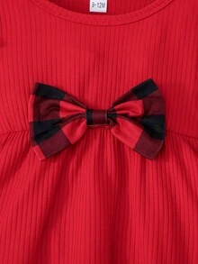 2pcs Baby Girls' Christmas Plaid Round Neck Cap Sleeve Fashion Outfit Set - Red - View 5