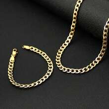 Gold Plated Chain Silver Tone Chain For Men Boys, Gold Necklaces And Bracelets, 18K Gold Plated Stainless Steel Cuban Link Chain, Cool Men's Necklace - 金色 - 查看 3