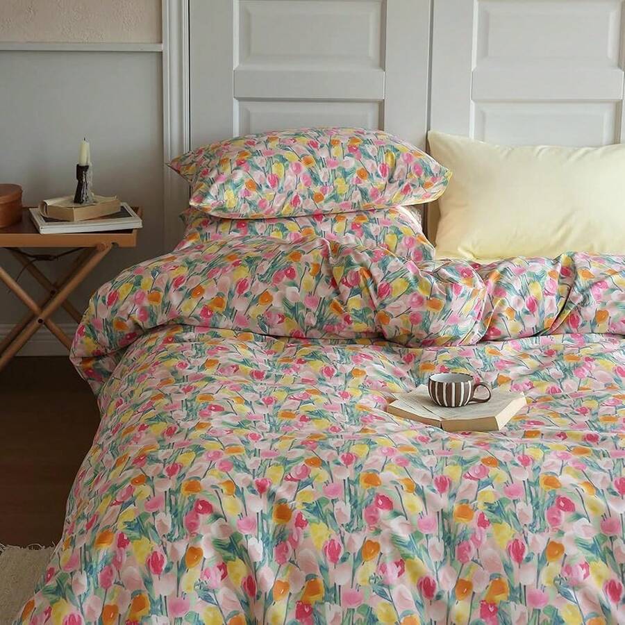 Aesthetic Floral King Duvet Cover Set, Cozy Cotton Bedding, Shabby Chic, Green Botanical, French Style,, Flower Pattern, Breathable, Lightweight - F Floral07 - 查看 1