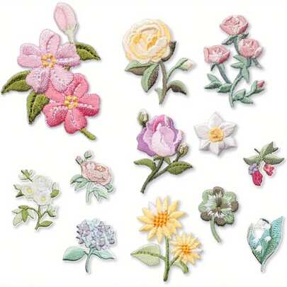 14 片装熨烫花朵刺绣补丁，熨烫补丁，适用于牛仔裤、衬衫和夹克的各种设计，易于使用，用于衣服的小绣花玫瑰花布贴，DIY 电脑刺绣补丁，用于服装配饰
