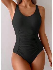 Traje de baño de una pieza con diseño fruncido y control de abdomen - Negro - Ver 7