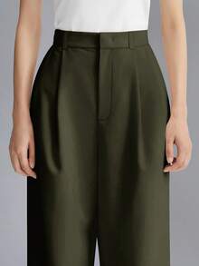 Women's High Waist Side Pocket Wide Leg Suit Pants, Spring/Autumn - Army Green - View 4