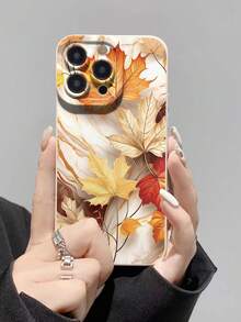 1pc Perforated Straight Edge White Shell Maple Leaf Marble Painted Thick Anti-Drop Painted Phone Case Compatible With IPhone 16/11/16pro/16plus/16promax/16e/15Promax/13/14/12/XS/XR/7G/8P, Compatible With Samsung Galaxy, Compatible With Xiaomi Redmi Anti-Drop Phone Protective Case