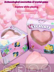 考古宝石 DIY 挖掘宝藏化石玩具，心形拼图益智玩具，适合男孩和女孩 - 粉色 - 查看 8