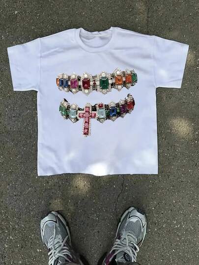 Camiseta gráfica Y2K para hombres con estampado de dientes de piedra sintética - Tela elástica y transpirable, camiseta casual de verano de corte holgado para casa y exteriores, lavable a máquina, cuello redondo, manga corta, camiseta para actividades al aire libre, camiseta de patrón llamativo, camiseta de tela cómoda