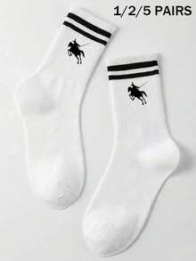 1/2/5 Pairs Unisex Classic Striped Equestrian Mid-Calf Socks, Breathable Casual Everyday Wear