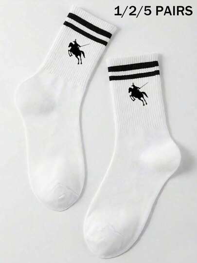 1/2/5 Pairs Unisex Classic Striped Equestrian Mid-Calf Socks, Breathable Casual Everyday Wear