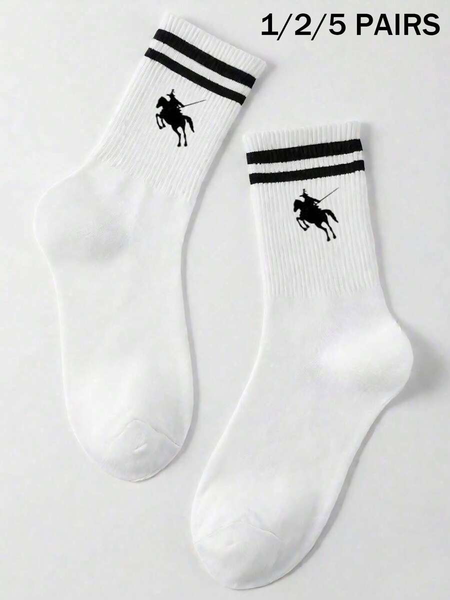 1/2/5 Pairs Unisex Classic Striped Equestrian Mid-Calf Socks, Breathable Casual Everyday Wear