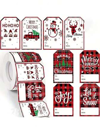 500PCS Christmas Gift Tags With Red Plaid Design – Kraft Paper Tags With Ho Ho Ho, Joy, Merry Christmas & Let It Snow Print, Holiday Present Labels For Xmas Gifts, Wrapping & Party Supplies
