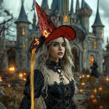 Hatisan 1Pcs Halloween Witch's Hat, Halloween Decorative Hat With Spider & LED Lights, Vintage Style Party Headwear, Halloween Masquerade Parties, Cosplay Accessories For Halloween, Christmas Costume Party Supplies - 橘色 - 查看 8