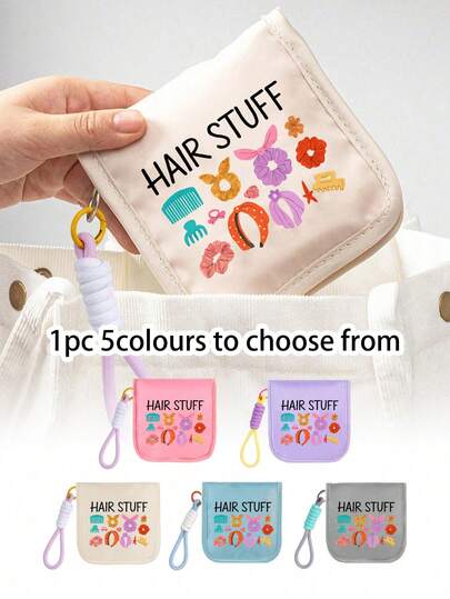 1pc Portable Cosmetic Bag With Printed Comb Bow And Hairpin, Contains An Interesting Color Blocked Braided Rope, Mini Portable Zipper Bag For Hair Clips, Mini Makeup Bag, Beauty Bag, Travel Cosmetic Makeup Storage Case, Outdoor Travel Cosmetic Bag, Suitable For Vacation, Business Trip, Daily Storage, Dormitory Storage, Students Back To School Essential