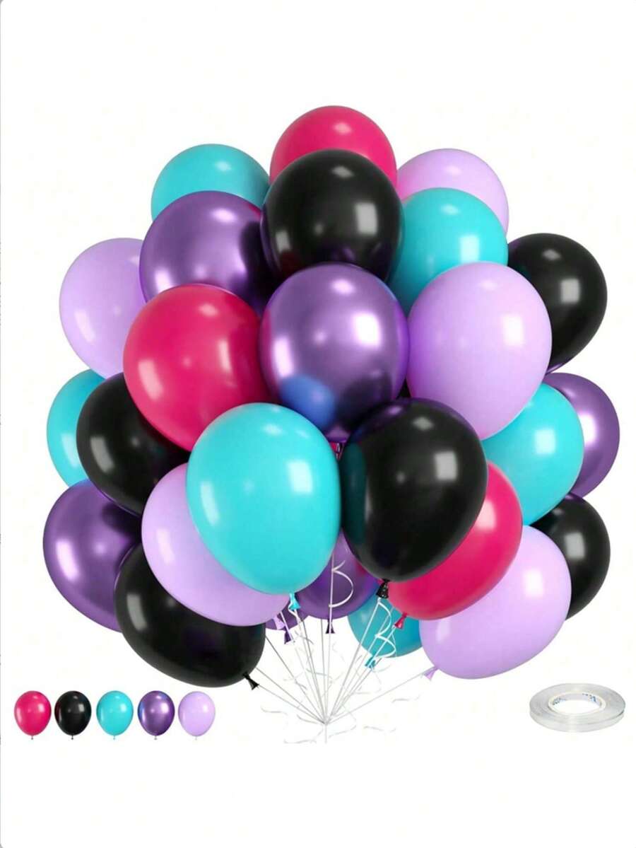 31 piezas/Set de globos morados y rosas, globos musicales, globos brillantes de 10 pulgadas en rosa, morado, negro, azul, verde para fiestas de cumpleaños de niñas, decoración para fiestas con tema de los años 80 y 90, discoteca y karaoke - Multicolor - Ver 1